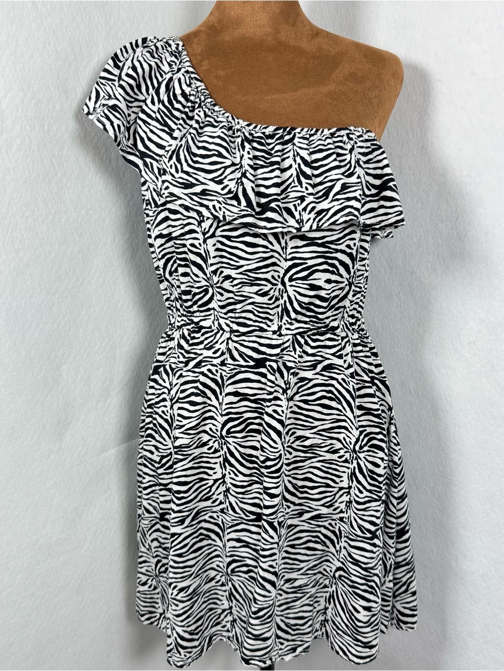Cotton On Zebra Print One Shoulder Mini Dress Ruffle Animal Print Size L - Picture 2 of 12